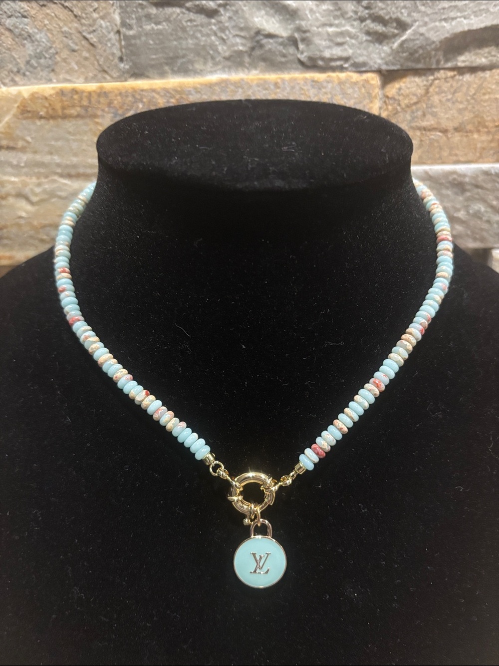 Blue/tan Beaded LV Charm Necklace